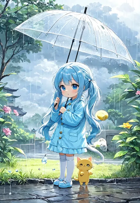 light blue long hair、 twin-tailed little characters 、Rainy landscape、 the little character has a transparent umbrella、A cute cat is watching the little character