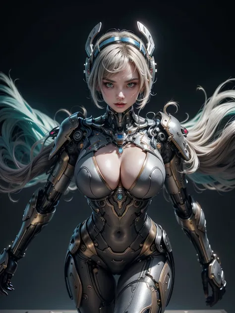  A full-bodied female humanoid robot ,  designed as a cybernetic goddess , combining power ,  elegance and advanced technology .  Her body is entirely metallic ,  sculpted with divine precision ,  formed by futuristic alloys that reflect a subtle glow ,  a...