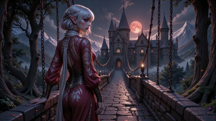 (Ultra-detailed face, Looking away, Fantasy Illustration with Gothic, Dark tone colors.), BREAK 
(((A viewpoint looking slightly up from the side around the bridge.)) It is a very dark, misty night with a blood-colored moon turning the landscape red. On a ...