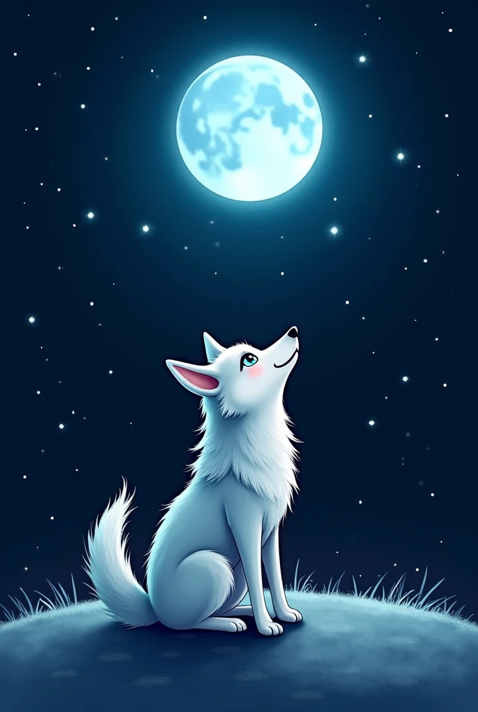 I want a cute wolf that is howling blue,  behind the wolf I want a moon and the background all black, I want the image to be more drawing