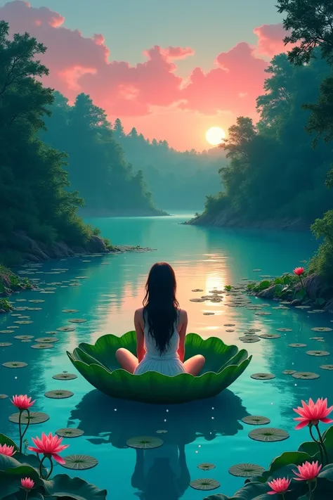 A young woman whose face cannot be seen. The woman sits in a beautiful green leaf, formed as a boat. The leaf floats on a crystal clear turquoise colored lace dotted with water lilies. A mystical magical forest surrounds the lake. The forest is full of mys...