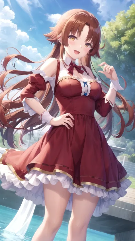 masterpiece, best quality, highres, girl, kiyotaka ayanokoji, medium breasts, princess connect Re:Dive cosplay, princess Dress, standing, smile, open mouth, outdoors 