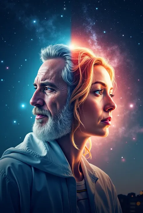 Title:** "Our Brain"

1. **(Duration: 5 seconds)** Image of a gray-haired bearded man with a wise and kind expression, dressed in a white robe, against a background of a starry sky and nebulas symbolizing the vastness of the universe. Smooth transition to ...