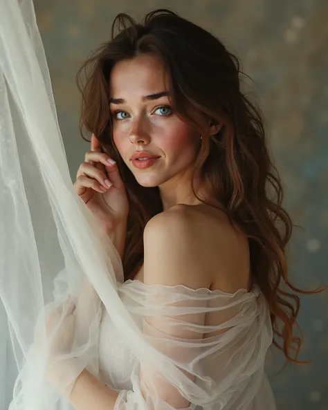 A woman with long, wavy brown hair and fair skin, almost completely enveloped in sheer, translucent fabric that flows around her. Only glimpses of her blue eyes and delicate hands are visible through the layers. The lighting is soft and diffused, casting a...