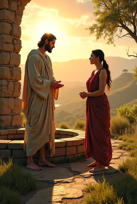 Create an image of Jesus in the well talking to the Samaritan woman at noon 