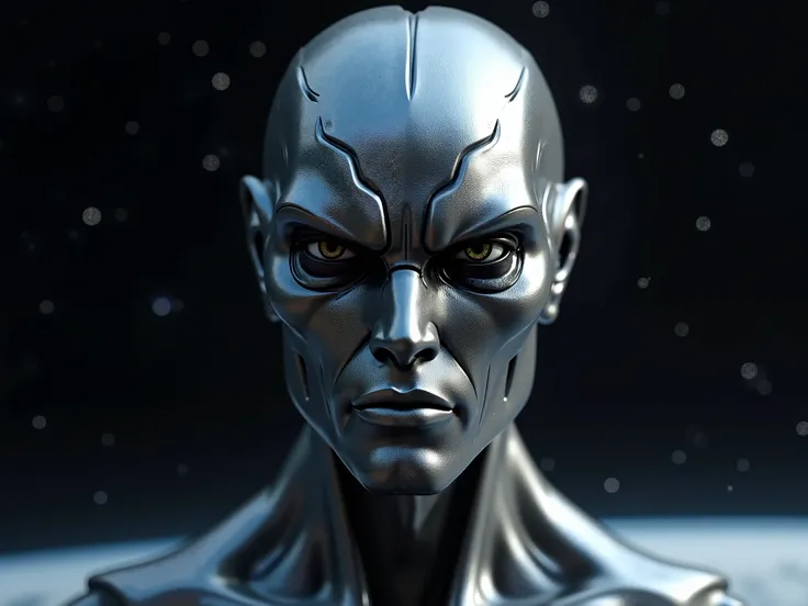 stern look, Silver Surfer face,  in space ,  realistically ,  detailed.