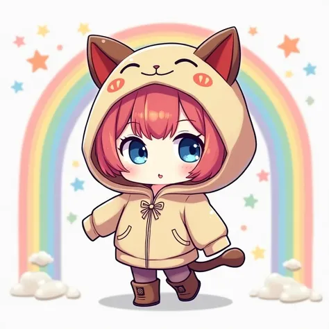 Girl wearing a zodiac  hood 、 girl wearing a zodiac  costume hoodie、Parker、 boots🥾、nyaruko-san,  chibi!!!   Neferpitot,  chibi,  Maple Story , 、 chibi,    senko-sa  , kawaii  chibi,  minimalist、 chibiキャラ、 mini characters、The background is a colorful rainbo...