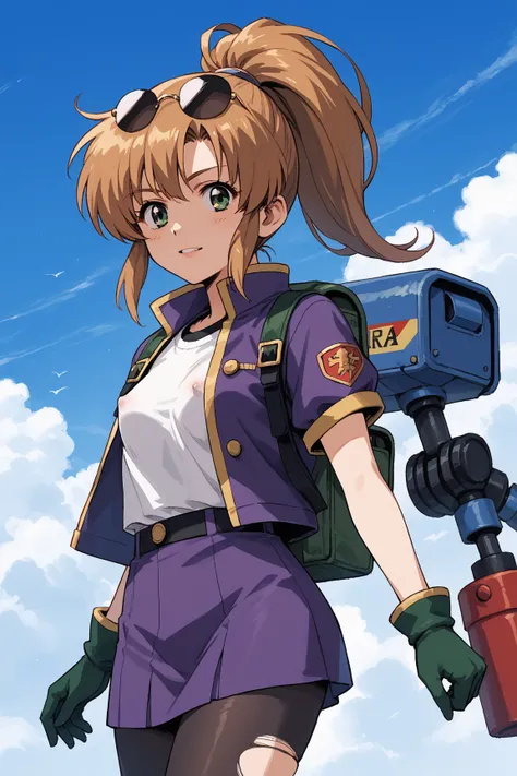 Score_9, score_8_up, score_7_up, source_anime, retro anime style, rating_safe;; 1woman, solo, precis neumann;; reddish ponytail, sunglasses, eyewear on head, green eyes, purple jacket, short sleeves jacket, black long sleeved shirt under jacket, small brea...