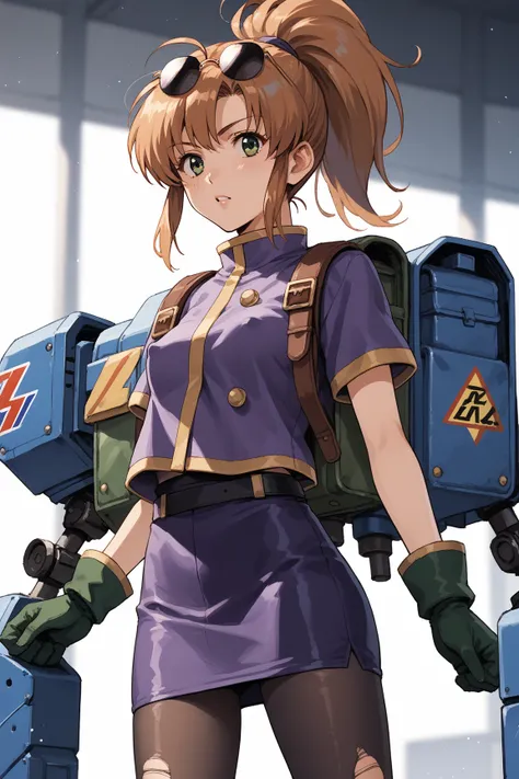 Score_9, score_8_up, score_7_up, source_anime, retro anime style, rating_safe;; 1woman, solo, precis neumann;; reddish ponytail, sunglasses, eyewear on head, green eyes, purple jacket, short sleeves jacket, black long sleeved shirt under jacket, small brea...