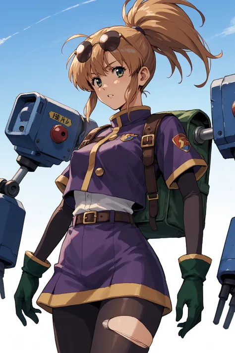 Score_9, score_8_up, score_7_up, source_anime, retro anime style, rating_safe;; 1woman, solo, precis neumann;; reddish ponytail, sunglasses, eyewear on head, green eyes, purple jacket, short sleeves jacket, black long sleeved shirt under jacket, small brea...