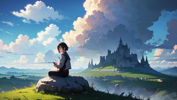 A girl sitting under a very large tree in the prairie、 A vast blue sky with fluffy clouds and brushstrokes 、 I'm looking at tall grass stones 。、 Makoto Shinkai Cyril Roland 、 Anime Art Wallpaper 4K、 Anime Art Wallpaper 4K、 Animated Backgrounds 、 Anime Art ...