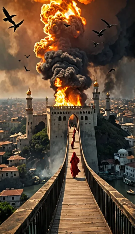 " A dramatic fantasy scene for the Day of Judgement. The bridge shows the narrow path suspended over a burning fire. It extends towards a bright mosque on the horizon, symbolizing heaven.  The bridge is shining with golden light, while the fire below it gl...