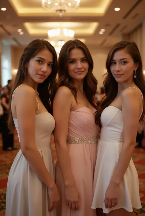 Amateur photo, sharp detail, realistic detail, bokeh. Medium shot. Three young women, of different heights and appearance, wearing dresses, standing in a wedding reception in a hotel ballroom, flirtatious expression, looking at the viewer