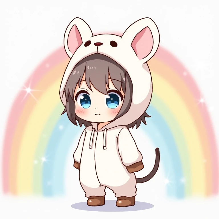 Girl Wearing Mouse's White Hood 、 Girl Wearing Mouse's White Kigurumi Hoodie、Parker、 boots🥾、nyaruko-san,  chibi!!!   Neferpitot,  chibi,  Maple Story , 、 chibi,    senko-sa  , kawaii  chibi,  minimalist、 chibiキャラ、 mini characters、The background is a colorf...