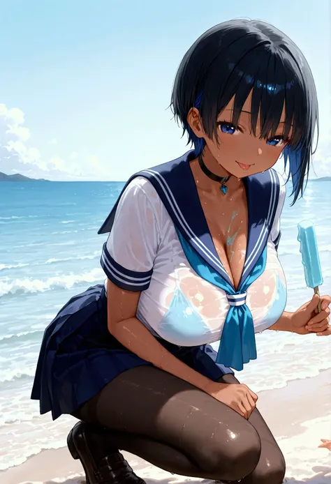 Outdoors、Beach at dusk、 crouch、Lick an ice cream stick、 girl{ black hair、Long furrows 、The neckline is quite long、 short hair、 blue inner color、 big breasts、Sunburn、Dark Skin、A smile that is planning something、 sailor suit、Summer clothes、 that holds the kn...