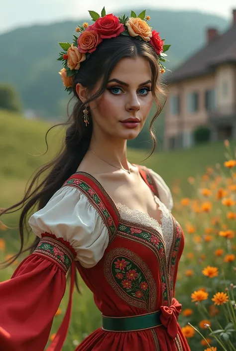 Photorealistic Full body picture of tall skinny woman aged 19,  lady is in pose and outfit in style of Hungarian folk dancer