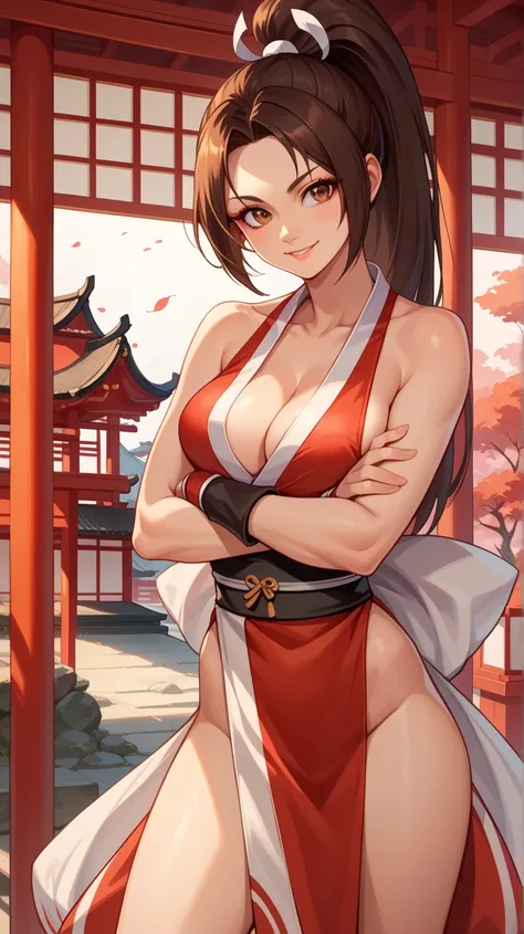 score_9, score_8_up, score_7_up, 1girl, solo, PonyShiranui, high ponytail, brown hair, brown eyes, japanese clothes, revealing clothes, cleavage, standing, crossed arms, sexy smile, looking at you, japanese shrine