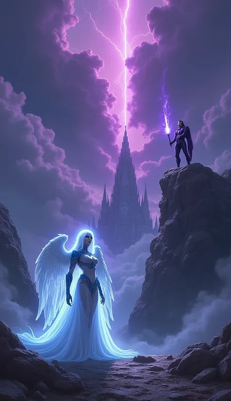  A dramatic scene from the sky of Eternia covered by dark clouds and purple rays Overlooking the horizon. Grayskull Castle is in the background ,  surrounded by a mystical aura . In the foreground, The Enchantress,  dressed in her white and blue suit with ...