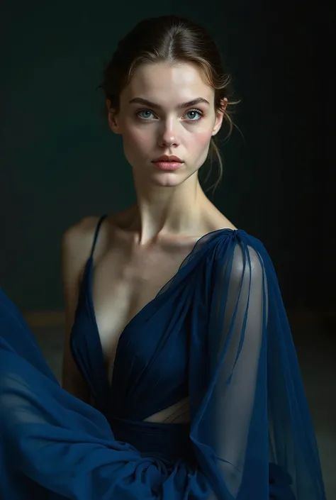 Action freeze-frame 18 years old Ukrainian ballet dancer girl, detailed, realistic, dark blue dress, portrait, dancing, elegant, detailed eyes and face traits