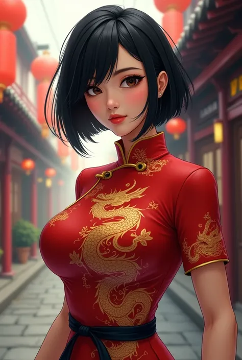 In comic style an asian female with black eyes.  Firm very big breasts, big muscles, round face, short black hair in a bob, red cheongsam with gold dragon emblazoned (detailed eyes, detailed face). (highres:1.3), (4k, 8k, best quality, masterpiece). Show h...