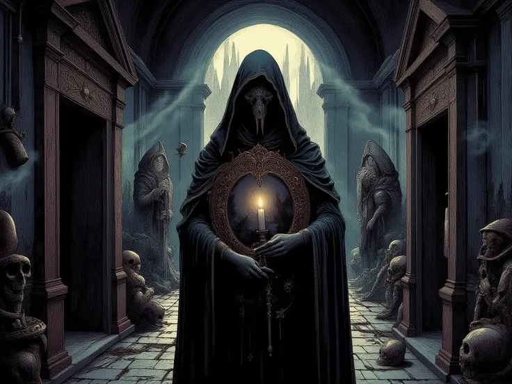 A Gothic-style painting of a hooded figure in a dark hallway, lit only by a candle. The figure is holding a mirror that reflects a distorted, ghostly image.