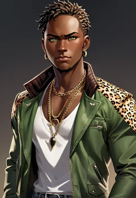 a close up of a dark skin person wearing a brown jacket((jaguar spotted texture)), white tank top underneath jacket, dark gray jeans with a black belt on his waist,He also wears two golden chain necklace in his neck and a long necklace with three black rou...