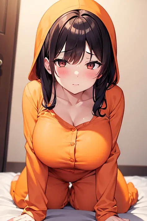 girl cute ,big boobs, in a room , with a color orange soft pijama without drawings that covers the entire body on, in all fours