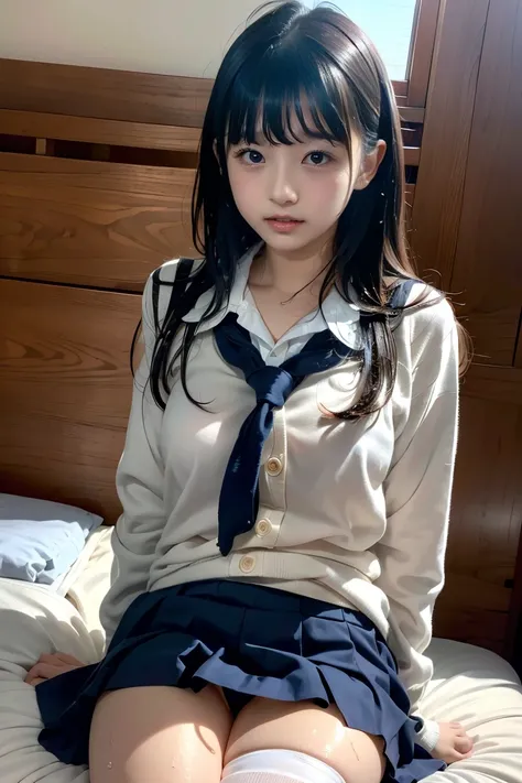 I was taken in from an orphanage when I was  、  beautiful Japanese girl、school uniform、 miniskirt、 wet white panties、white socks、knees、I'm scared to see my foster father's penis、(( is frightened:1.2))、Straight cut bangs、 on the bed 、 Embarrassing、