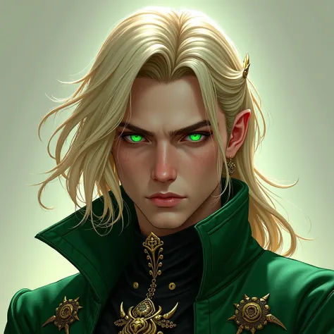 vergil (Devil Man Cry)  with long blond hair, APPEARANCE: FRECKLES ON THE CHEEK ,  EMERALD-GREEN EYES , ELEGANT GREEN GARMENTS  (medieval) 
REALISTIC ART, bright 