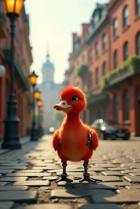 Create a cinematic image of a little red duckling on a street with iron feet 