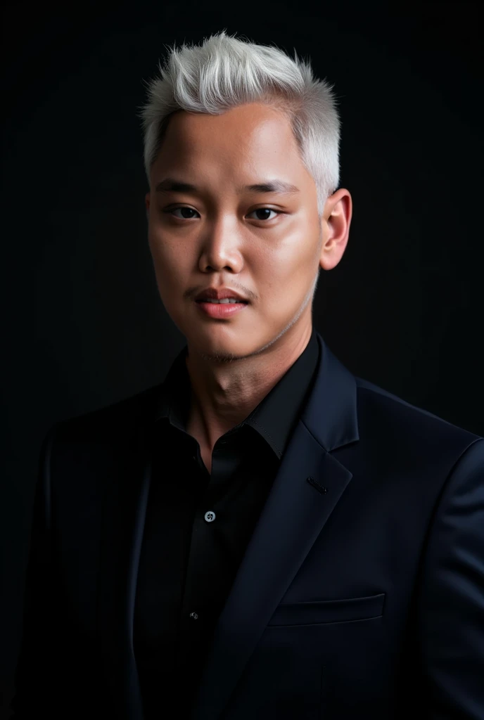 man with jas and black photo and French crop white hair