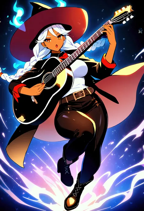 1girl, white hair, long hair, amber eyes, twin braids, dark skin, dark-skinned female, large breast, big ass, black guitar, white crop top, black thigh pants, underboobs, keyhole, bow tie, open coat, black guitar, guitar pick, four-pointed star, mariachi, ...