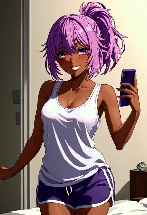 ((best quality)),((highly detailed)),masterpiece,absurdres,detailed face,beautiful face,(detailed eyes, deep eyes),1girl,((dynamic pose)) ,  Uruka, pink hair, solo, purple eyes,dark skin, ahoge, short hair, ponytail, short ponytail, tone-piece tan, grin, t...