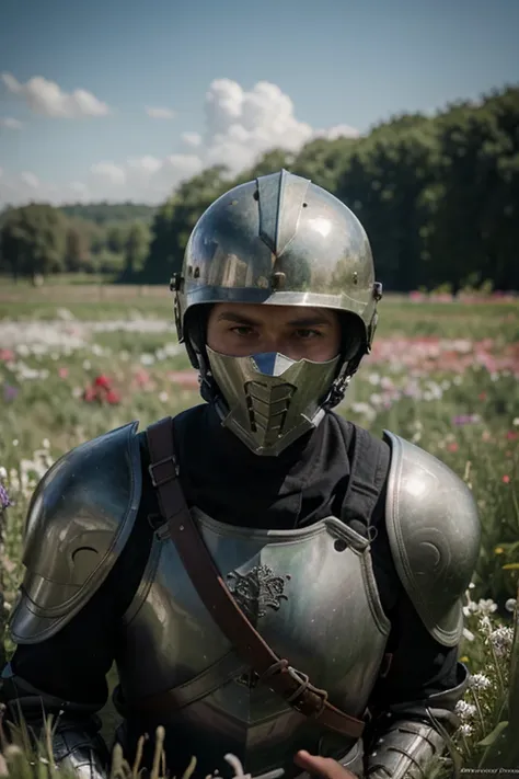 lying knigt in full armor,man with helmet,full helmet,field of flowers, realistic, dark fantasy,ultra detail,hide the face