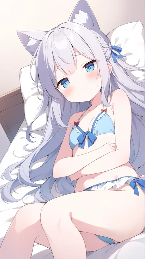  girl 、 low angle、ribbon、anime、Silver Hairstyles、 High Resolution 、 High Resolution 、 Details、 skin texture、Bikini、cheek、Beautiful Blue eyes、Gentle droopy eyes、Cat ears、valley、 embarrassing、 cute、Wide angle、Illustration with motion、 long hair、 illustration...