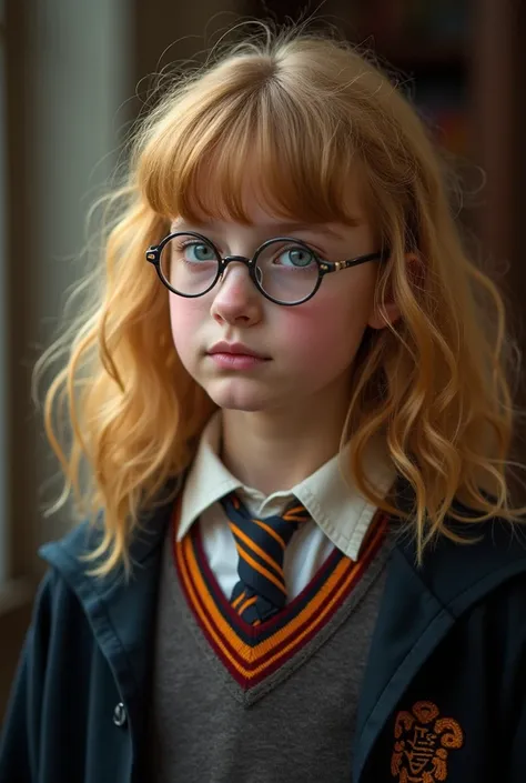 A realistic image of an eleven-year-old  ,  she has medium and medium wavy hair in the color yellowish blonde and wears fringes,  her eyes are blue and she wears round glasses ,  she has a white pet cat named Sammy ,  is entering Hogwarts witchcraft school...