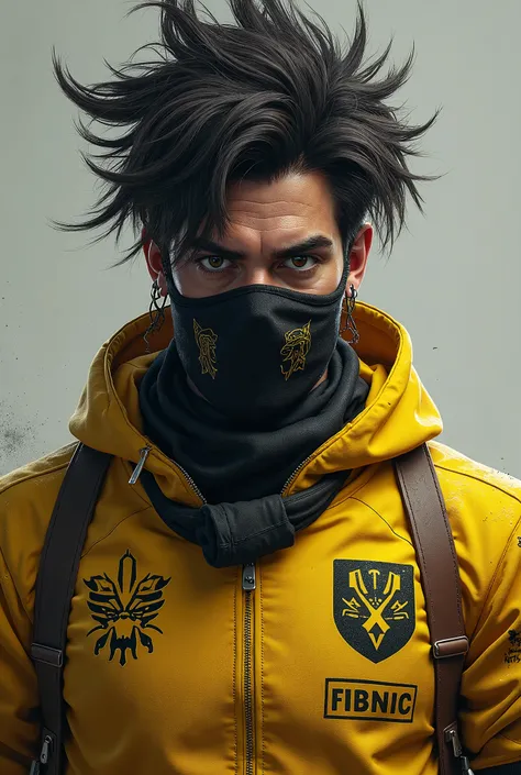  Freefire male character,  Hair shadow rock ,  mask covering the face , yellow team shirt 