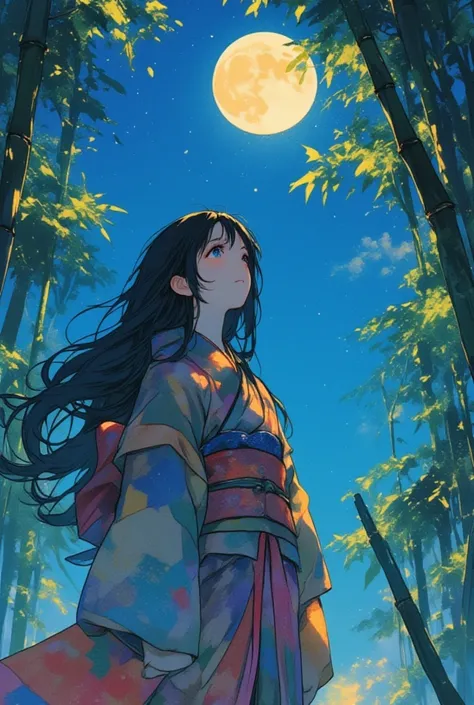 watercolor, ultra detailed beautiful moe anime, beautiful black hair, long hair, straight hair, colorful layered kimono, jyunihitoe, sad smile, On a quiet night, Princess Kaguya stands still in a bamboo grove, looking up at the moon. Her long black hair sw...