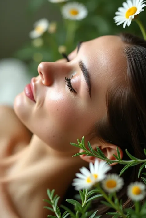  A close up of a scalp receiving treatment,  with a soft background of chamomile and rosemary leaves or flowers .
The image should evoke freshness and revitalization .