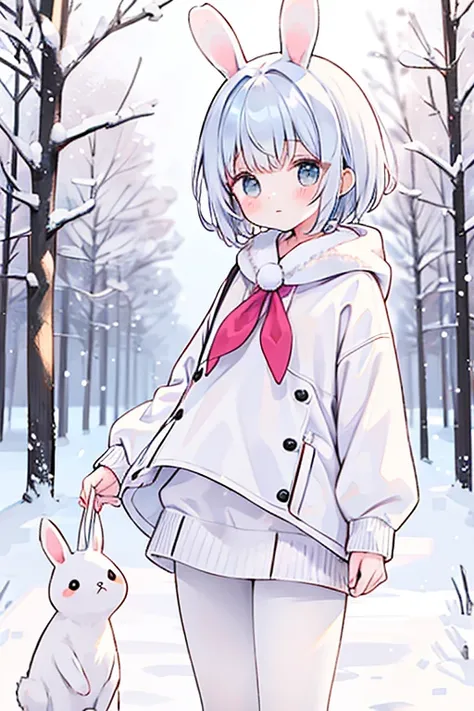 rabbit woman, cute aspect, innocent face, innocent,, white short hair, white snow clothes, short skirt, leggins,, snow, snowy forest, winter