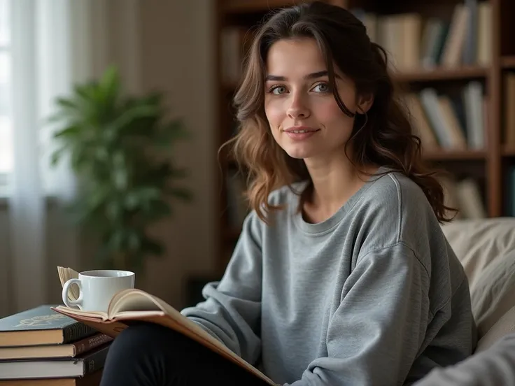 " a young woman, 25 years,  with wavy brown hair up to the shoulders ,  green eyes,  fair skin ,  wearing a gray sweatshirt and black leggings ,  sitting on a couch with books and a cup of coffee on the table,  in a cozy room with soft natural light ,  rea...