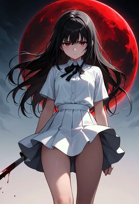 from_Front , shortening,  1 girl, Serious,  white shirt,   white skirt ,  's White Thigh High ,  long hair,   black hair,   Dark Ambient , Blood,  depth of coverage,  detailed background, masterpiece,  top quality,  Amazing Quality , 