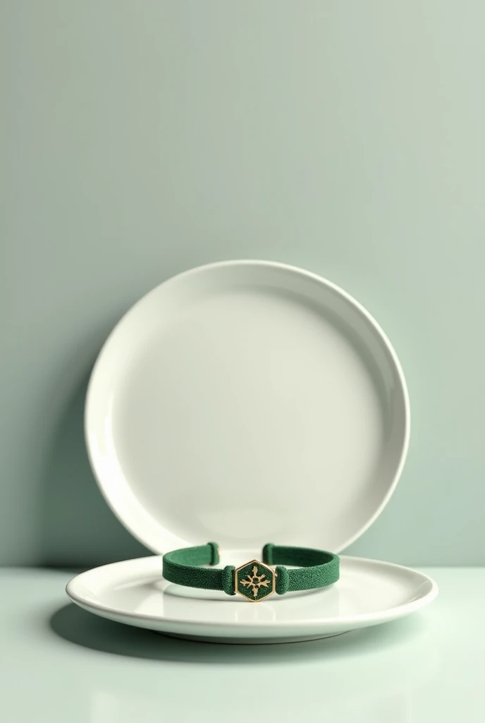 Create for me an image with a light gray background with a plate and a green bracelet with the cakto symbol