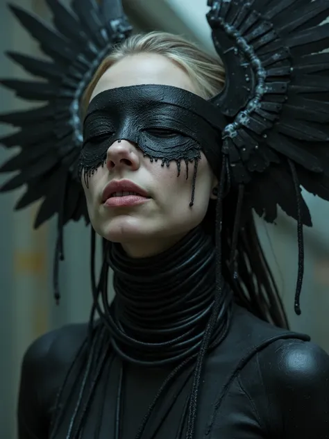 Beautiful blindfolded woman,tears made from black goo running down her face and neck,machine goddess with dark metal wings hoovering above her,both connected with cables,industrial surroundings, industrial art,dark ambient art,dark surrealism, dark ambient