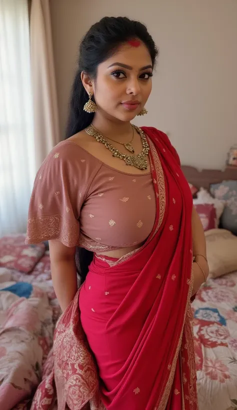 Tall hot indian brown skin slim tall curvy milf with small black dot bindhi, single plaited hair, big breast, big hip, big ass, thick thighs, woman wearing georgette saree(big breast), in indian middle class bedroom, ultra hd photo, 4k picture, full body c...