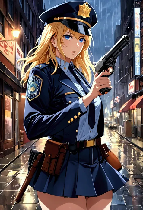 1 Female、American Beauty、Super beautiful、Facial beauty、blue eyes、Standing、New York Police Uniform、mini skirt、Golden Hair、Night Street、Backlight、The wind is blowing、it&#39;s raining、He is looking intently at the barrel of the gun.、Thigh-up shot、pointing pis...