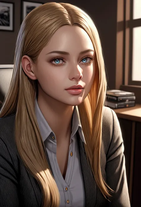 a beautiful girl with long blonde hair, detailed eyes, nose, and lips, wearing  professional outfit, siting in her office, using her computer, hp comuter (best quality,4k,8k,highres,masterpiece:1.2),ultra-detailed,(realistic,photorealistic,photo-realistic:...