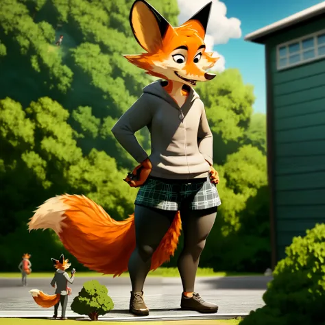  hairy, darma ,  fox ears ,  wide hips,  thick thighs, FROM BACK, ángulo bajo, macro, al aire libre,  smiling,  black eyes,  Looking at the spectator,  full body, standing,  long hairy tail