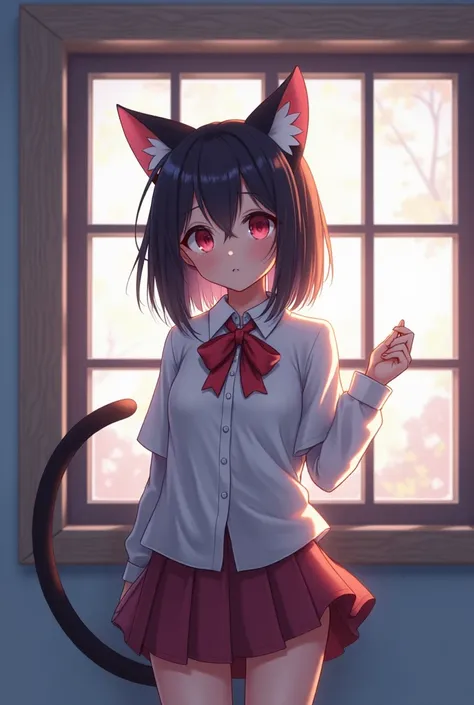 anime girl with a cat ears and a cat tail standing in front of a window, anime moe artstyle, high quality anime artstyle, painted in anime painter studio, anime style 4 k, made with anime painter studio, anime art wallpaper 8 k, stylized anime, splash art ...