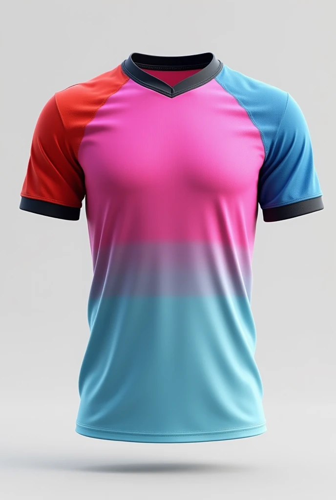 Create a jersey that is pink in color, with parrot-colored shoulder and sleeve areas. The lower front part of the jersey should be light-blue, and the collar should be black.  Hd picture need